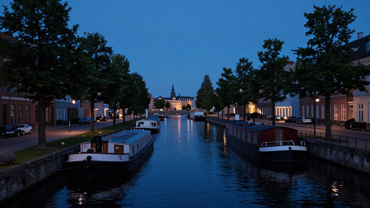 Twilight Canal Scene in Copenhagen Denmark with Barge and Tree Lined Waterway in in Copenhagen, Denmark