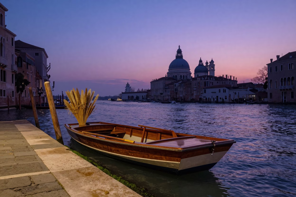 Twilight Canal Scene in Venice Italy with Wooden Boat and Papyrus Reeds in in Venice, Italy