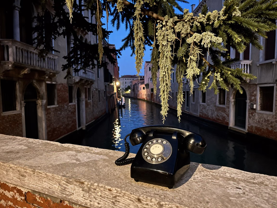 Twilight Canal View with Vintage Telephone and Lichen in Venice Italy in in Venice, Italy