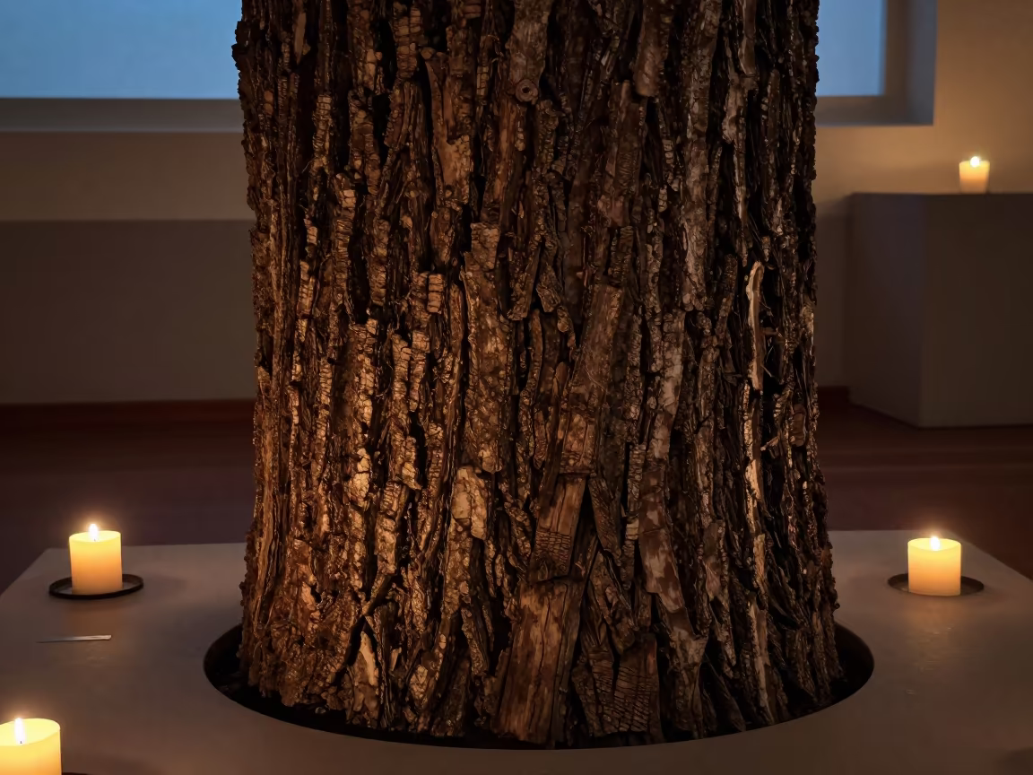 Twilight Candlelight Bark Texture Museum Touba in on a museum plinth in Touba