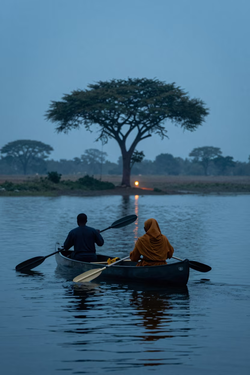 Twilight Canoe Crossing on Togo Lake in across a remote ferry crossing in Togo