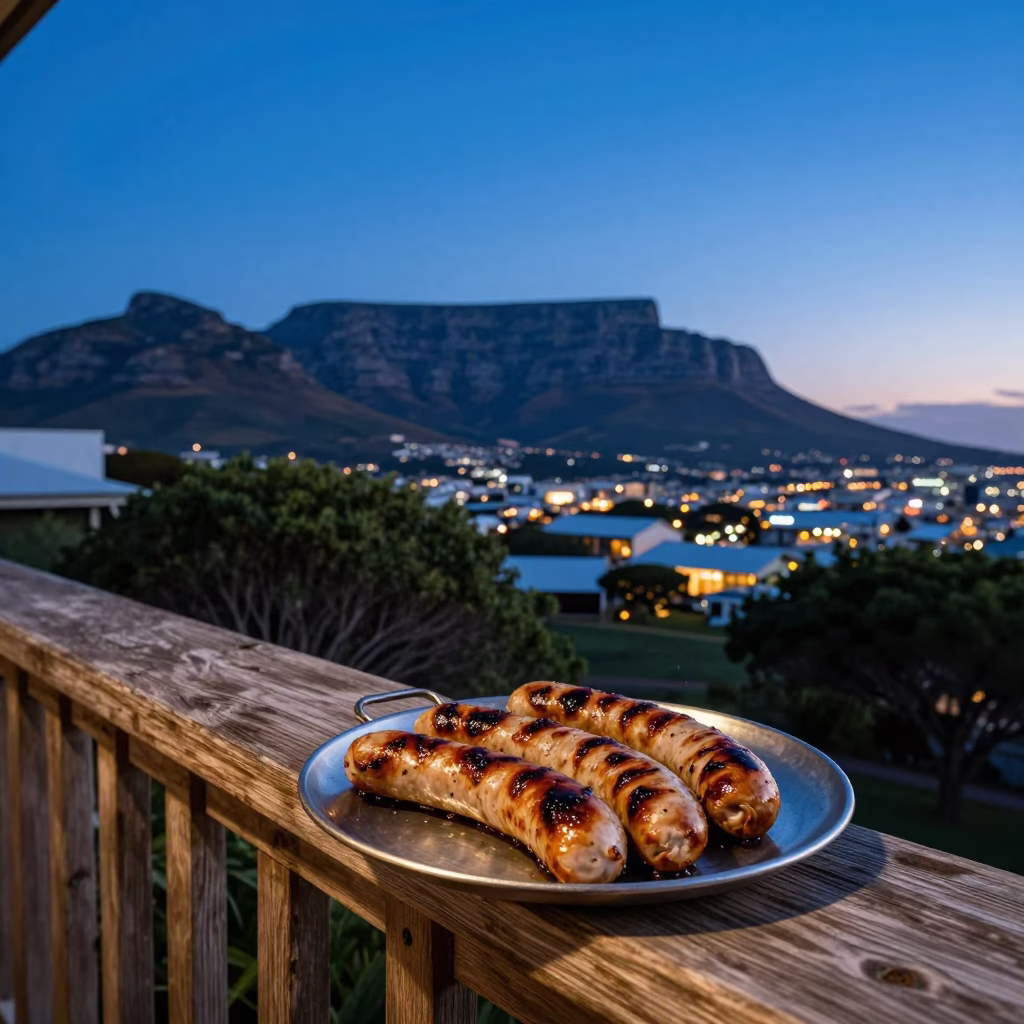 Twilight Cape Town Braai Scene with Boerewors and Pap on Balcony in in Cape Town, South Africa