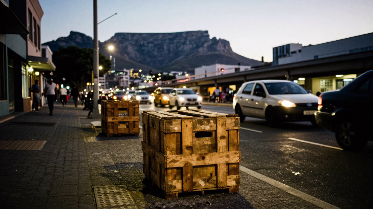 Twilight Cape Town Street Scene with Crates and Bridge Maintenance Cradle in in Cape Town, South Africa