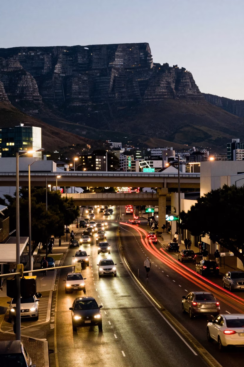 Twilight Cape Town Street Scene with Overpass Taillight Streaks and Urban Infrastructure in in Cape Town, South Africa