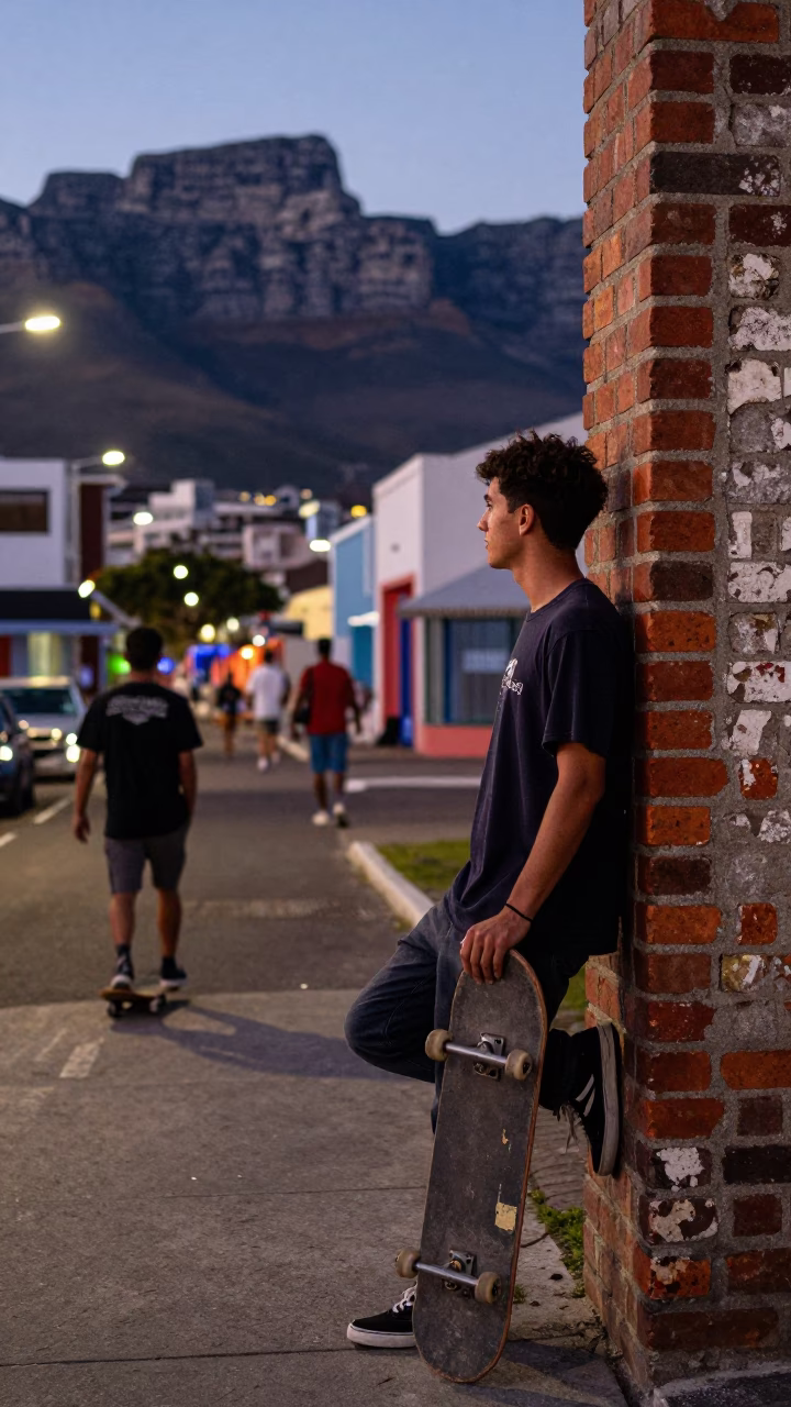 Twilight Cape Town Street Scene with Skateboarder and Local Life in in Cape Town, South Africa