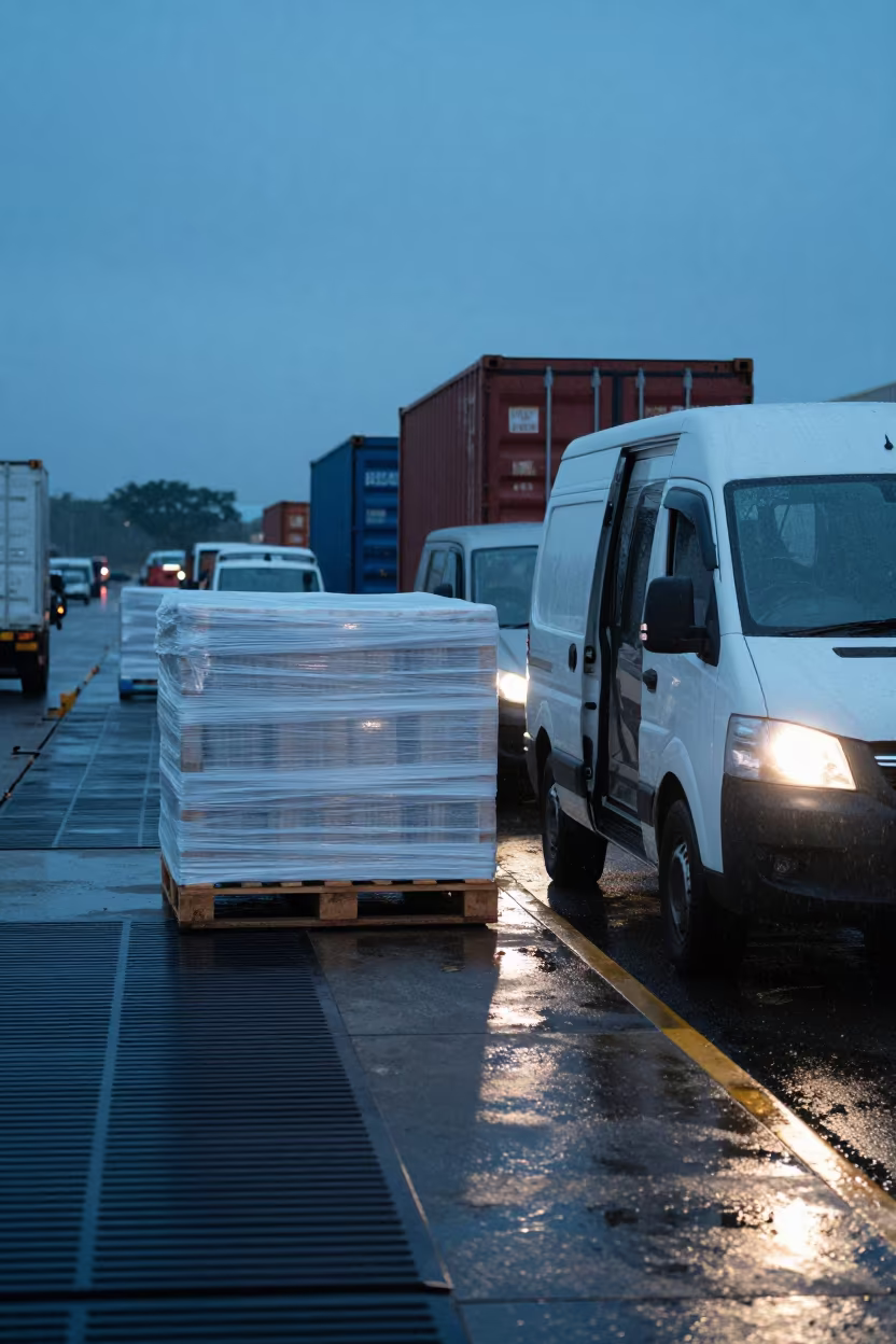 Twilight Cargo Pallet Wrapped Netting Mombasa Bay in beside a courier van bay in Mombasa