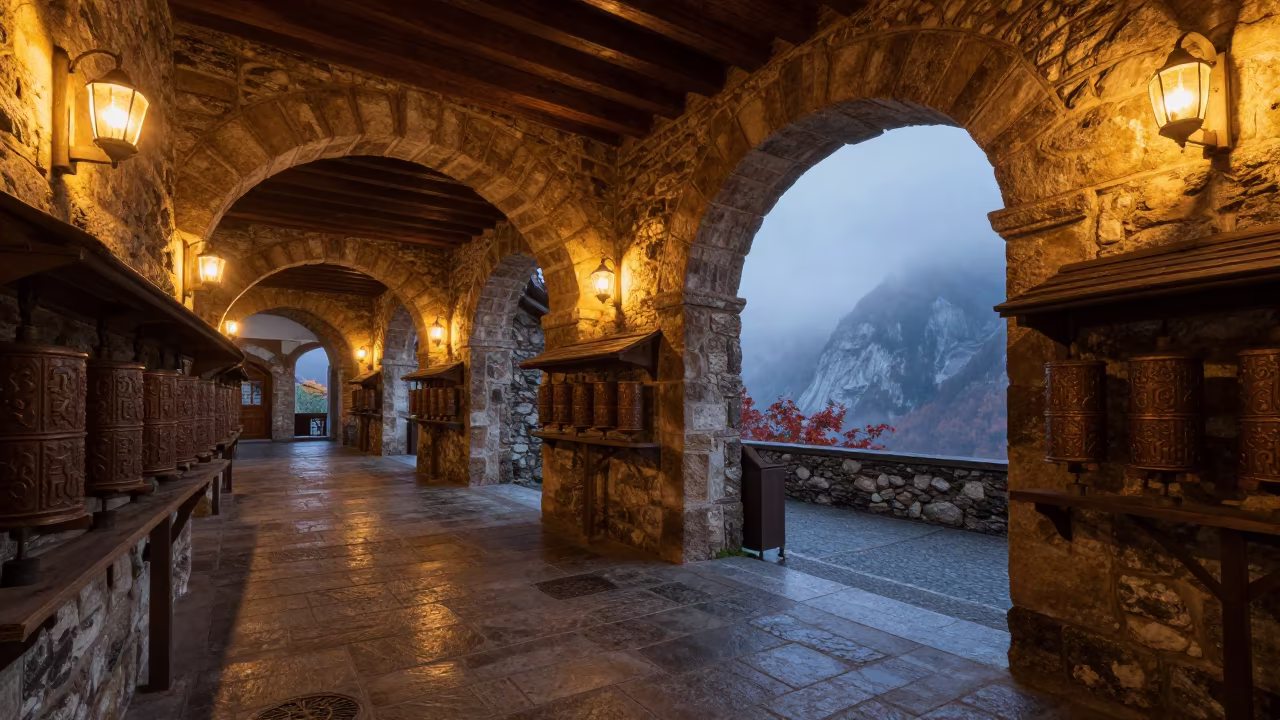 Twilight Glow Along Chamonix Monastery Corridor in along a monastery corridor in Chamonix