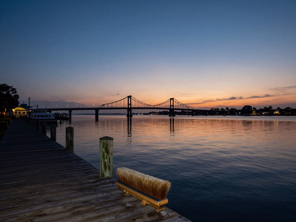 Twilight Charleston Harbor with Drum Brush and Drawbridge Reflections in South Carolina in in Charleston, South Carolina, United States