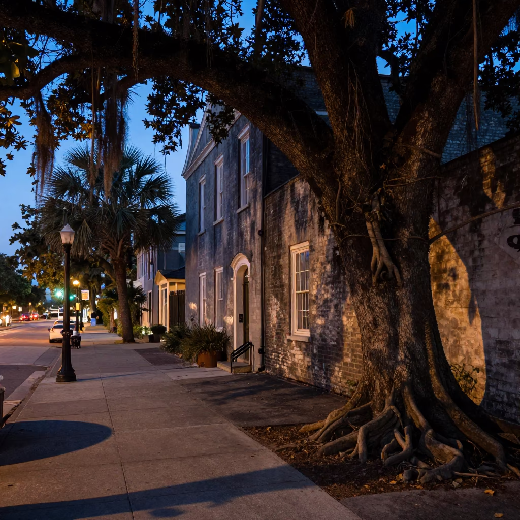 Twilight Charleston Street Scene with Banyan Tree Roots and Local Pedestrians in in Charleston, South Carolina, United States