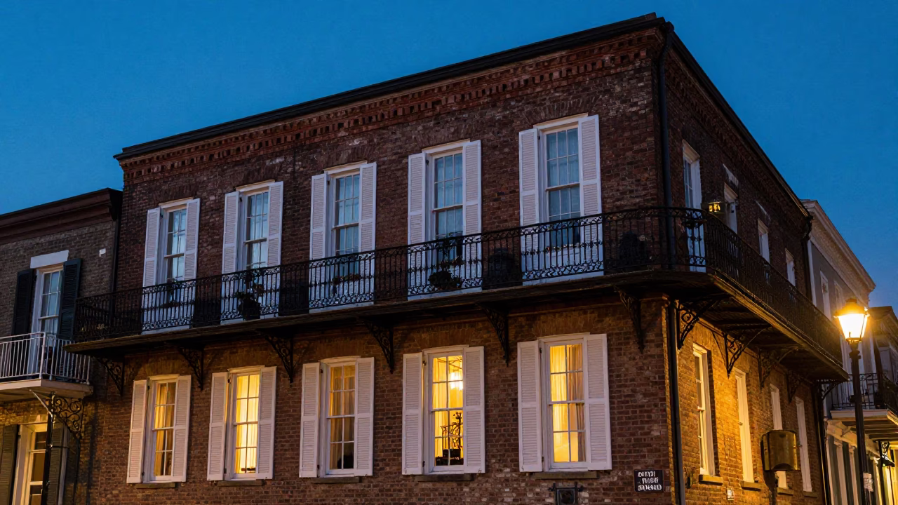 Twilight Charleston Street Scene with Biscuit Tin and Brass Hinge Details in in Charleston, South Carolina, United States