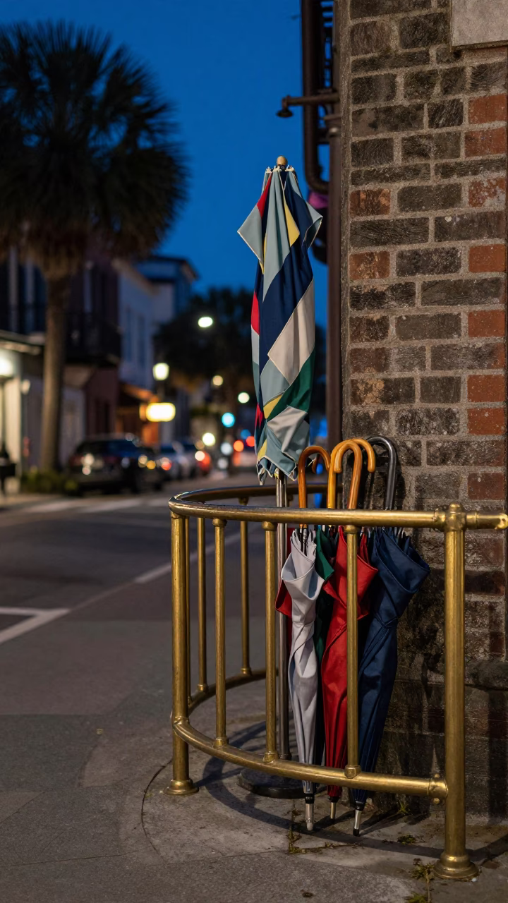 Twilight Charleston Street Scene with Brass Rail and Umbrella Stacks in in Charleston, South Carolina, United States