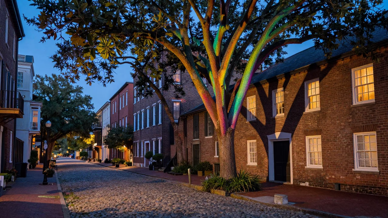 Twilight Charleston Street Scene with Rainbow Eucalyptus and Historic Architecture in in Charleston, South Carolina, United States