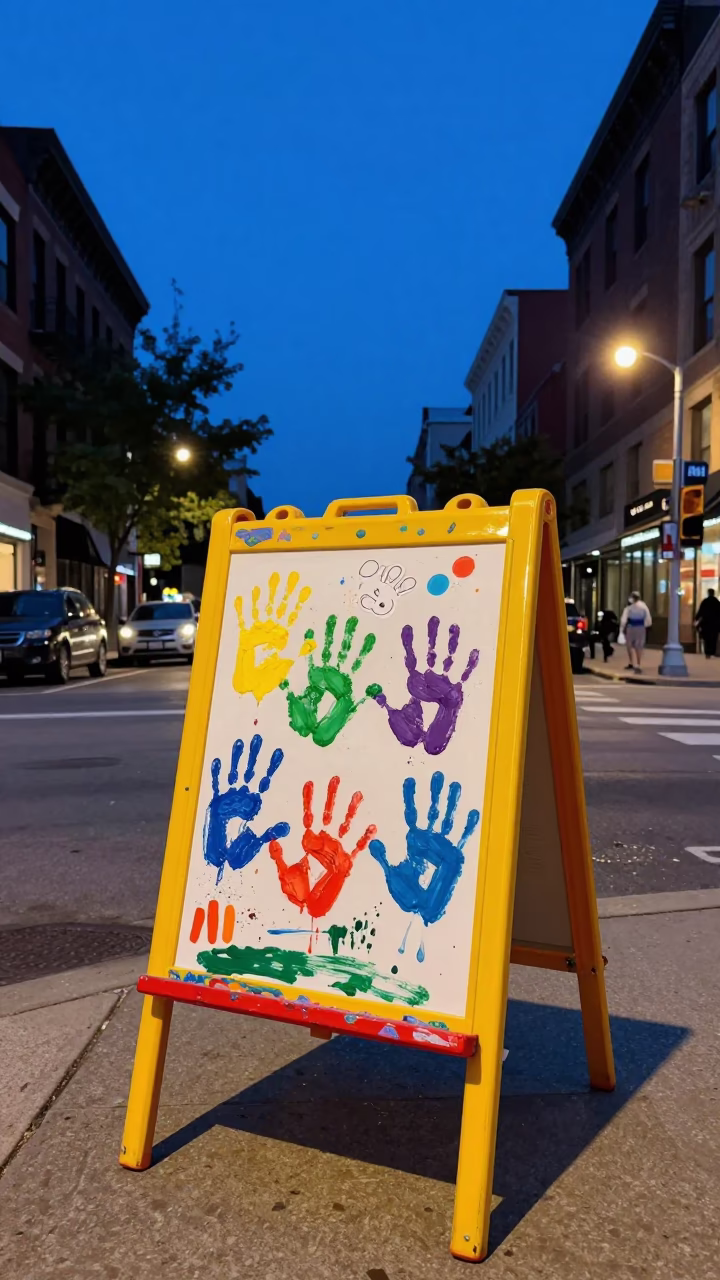 Twilight Chicago Street Scene with Colorful Art Supplies and Urban Details in in Chicago, Illinois, United States