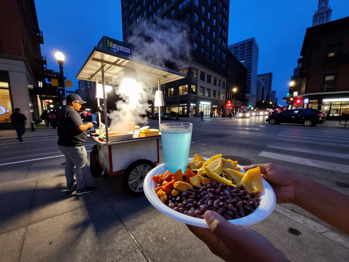 Twilight Chicago Street Scene with Glass of Ayran Beside Kebab Plate in in Chicago, Illinois, United States