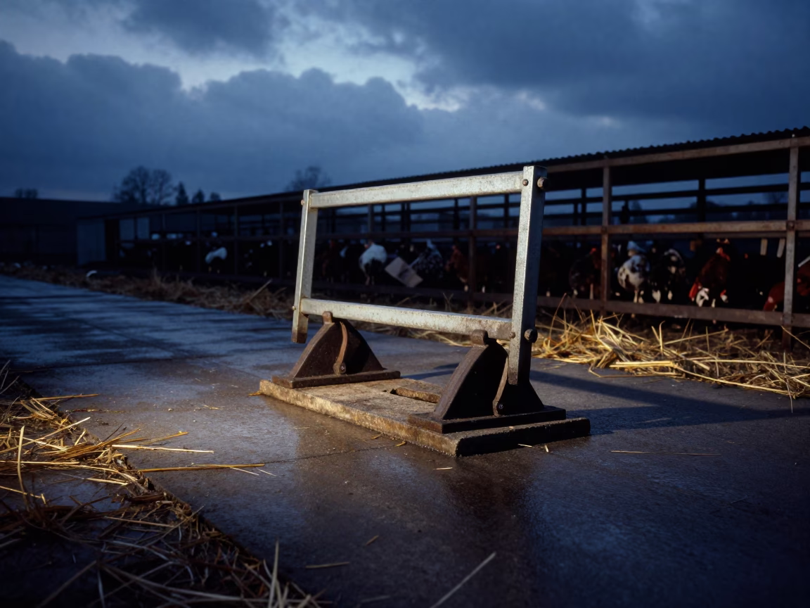 Twilight chock frame stockyard Ukraine in at a stockyard loading ramp in Ukraine