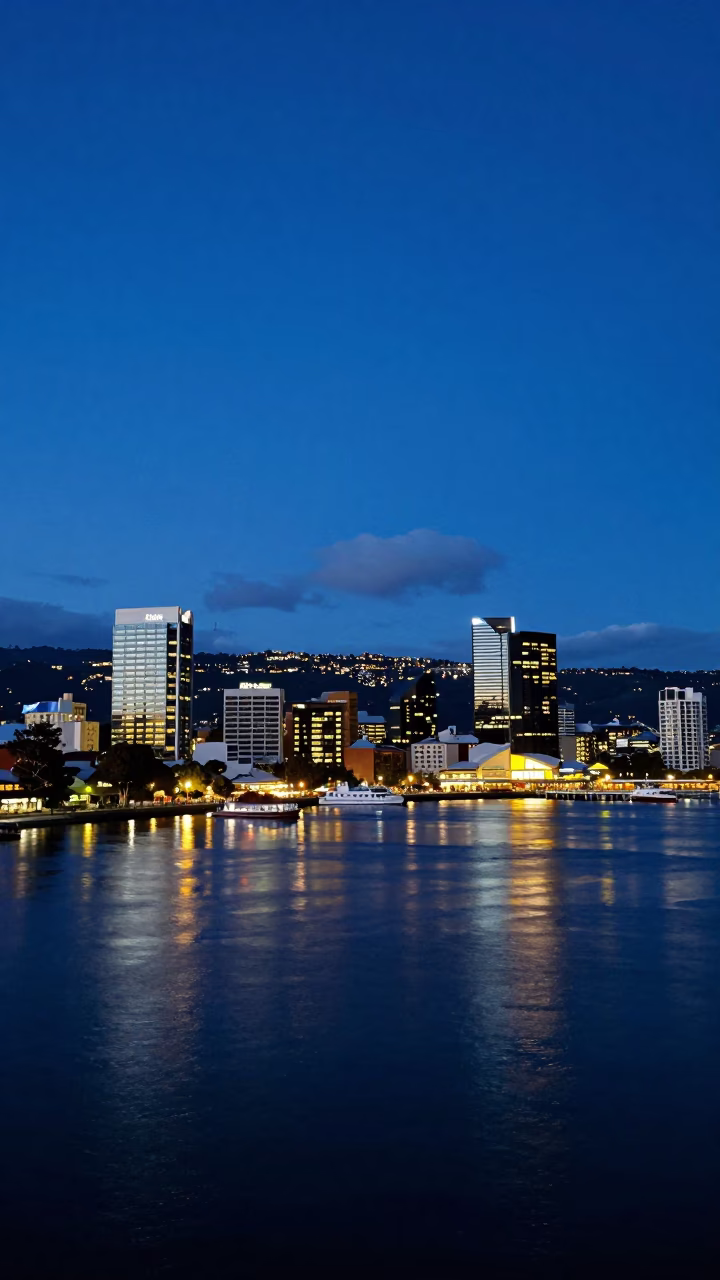 Twilight City Lights Glow Over Hobart Tasmania Waterfront and River Derwent in in Hobart, Tasmania, Australia