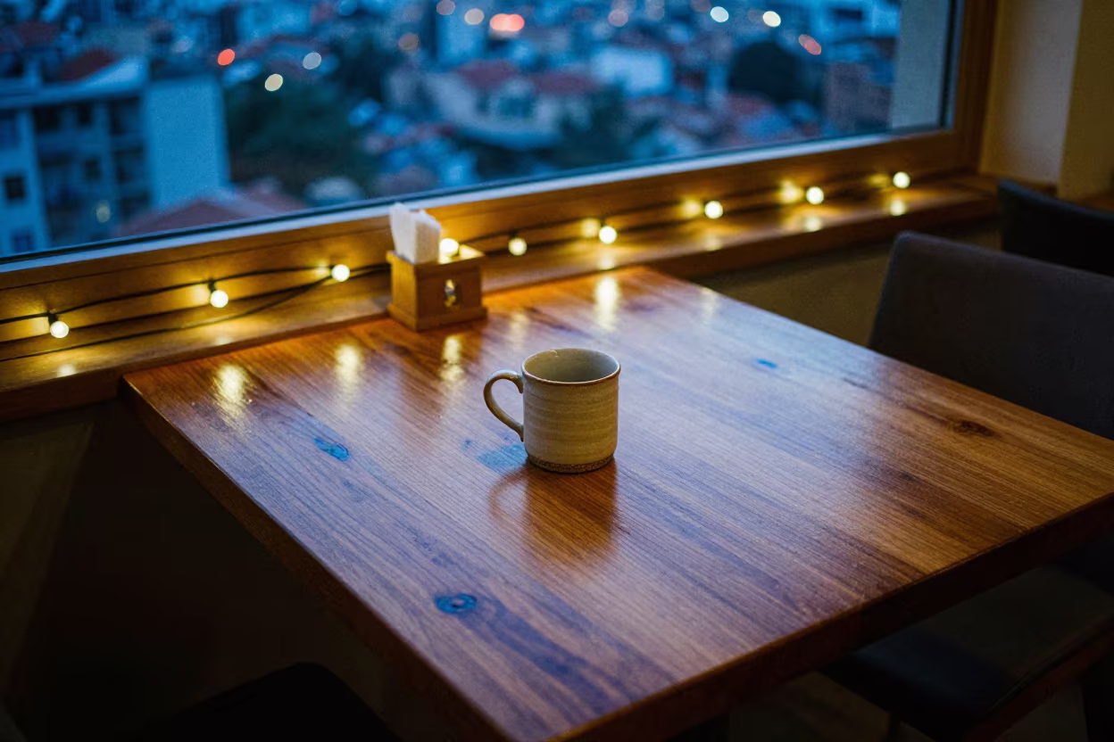 Twilight City Skyline Reflected on Cafe Table in on a cafe table by a window near Niğde