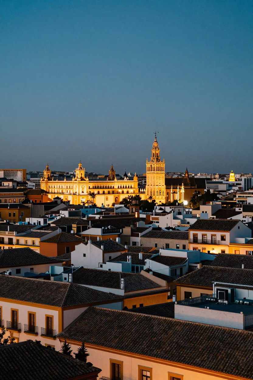 Twilight Cityscape in Seville at As City Lights Begin To Glow in in Seville, Spain