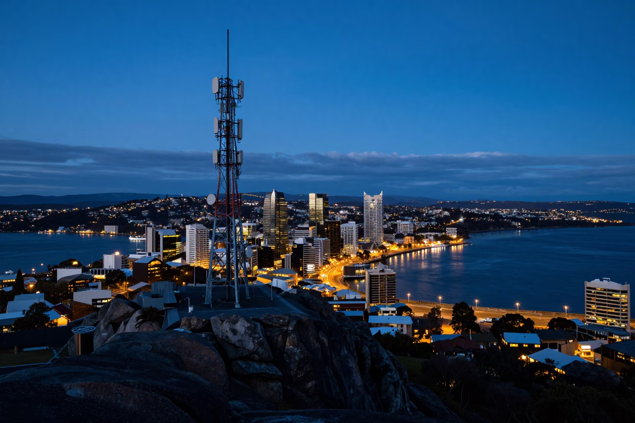 Twilight Cityscape of Hobart Tasmania with Telecommunication Mast on Rocky Summit in in Hobart, Tasmania, Australia
