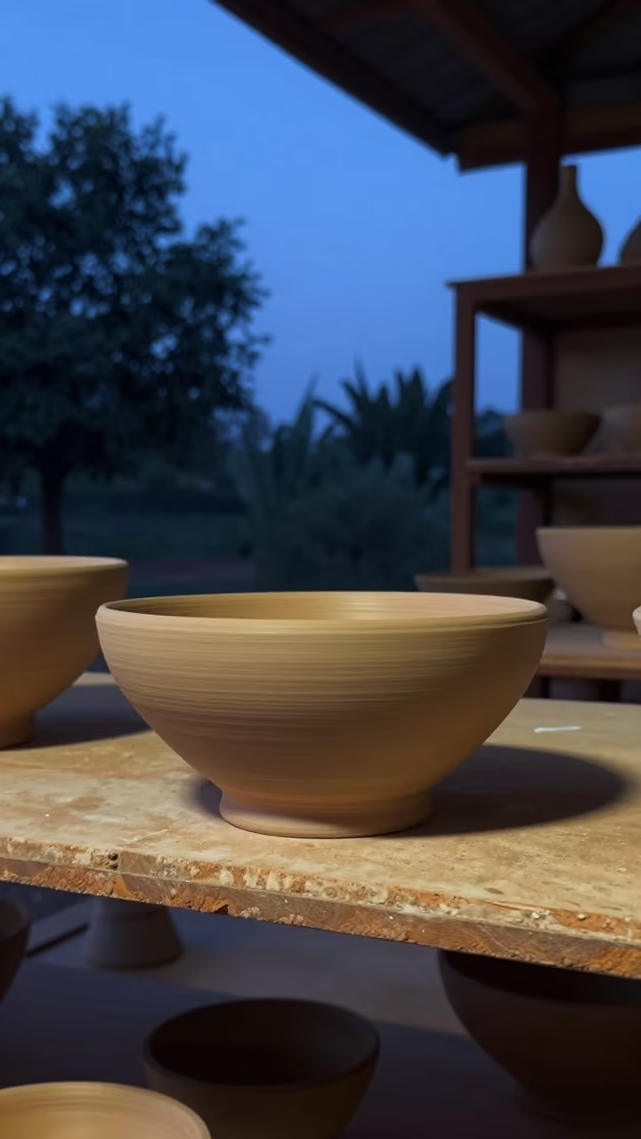Twilight Clay Bowl on Naypyidaw Shelf in on a workshop shelf in Naypyidaw