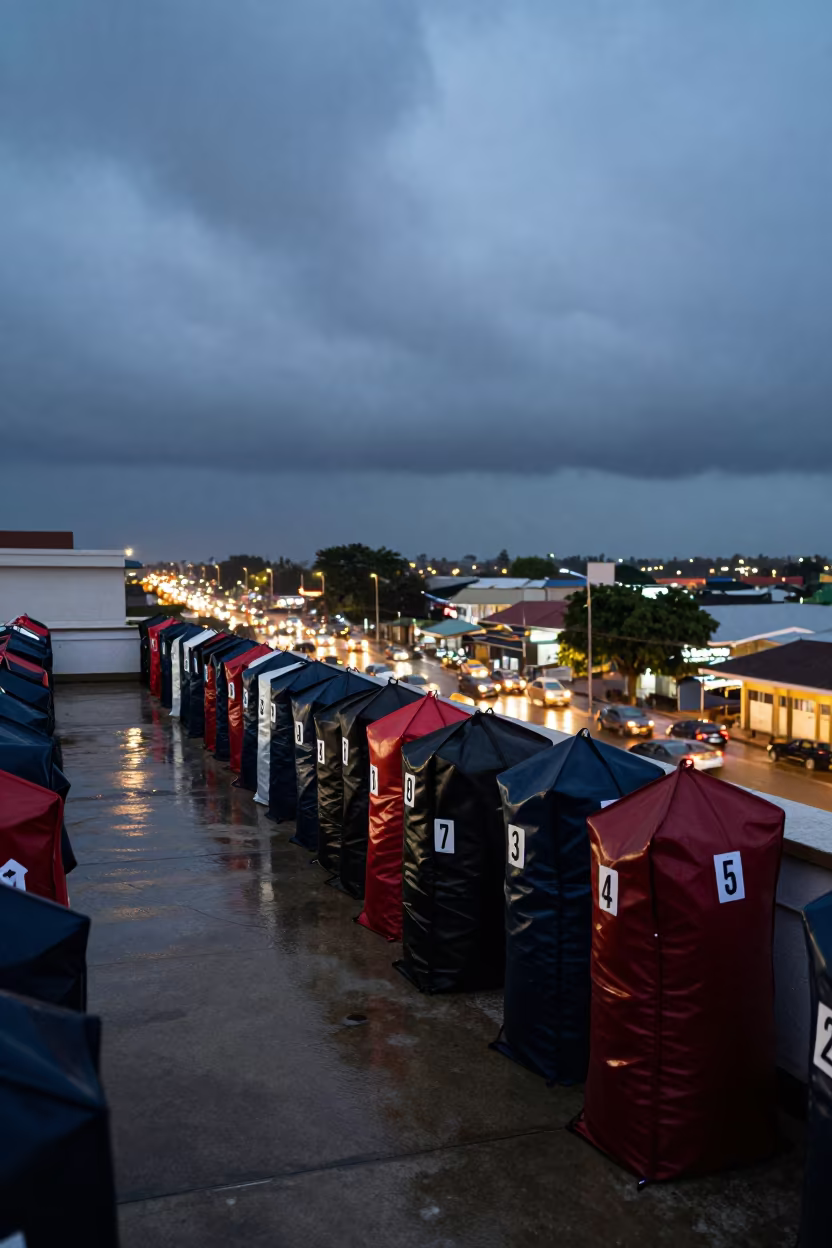 Twilight Coat Check Rooftop Fashion Week Abeokuta in on a rooftop above evening traffic near Abeokuta