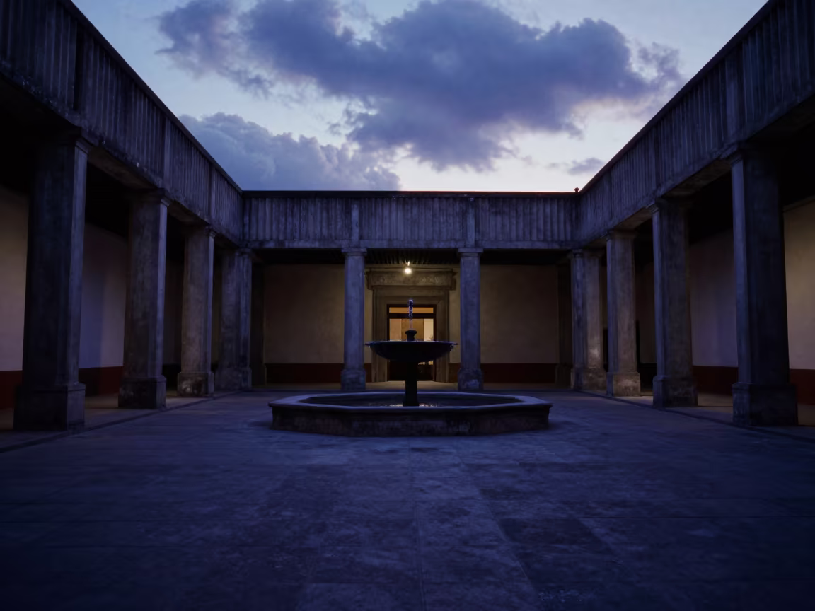 Twilight Colonnade and Fountain in San Cristobal Lobby in inside a ribbed concrete lobby in San Cristobal de las Casas