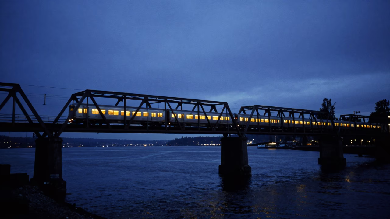 Twilight Commuter Train Crossing Bridge in Seattle Washington United States in in Seattle, Washington, United States