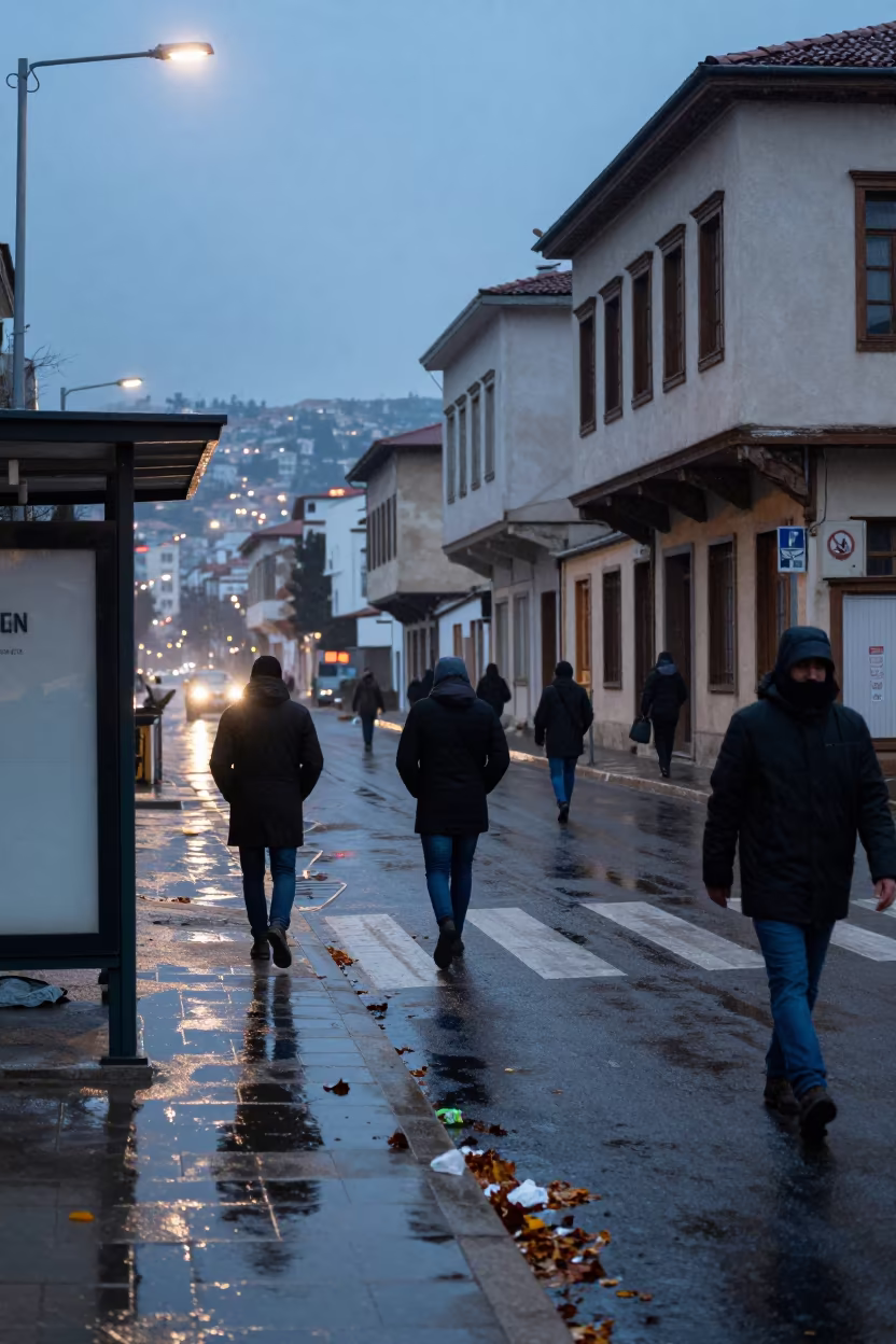 Twilight Commuters Dodge Puddles in Isparta in beside a steamed-up bus shelter in Isparta