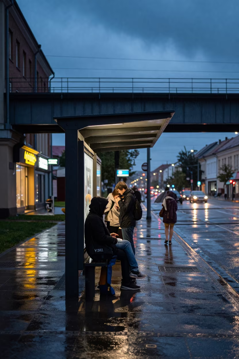 Twilight commuters shelter under monsoon rain in under an elevated train line in Ruda Śląska