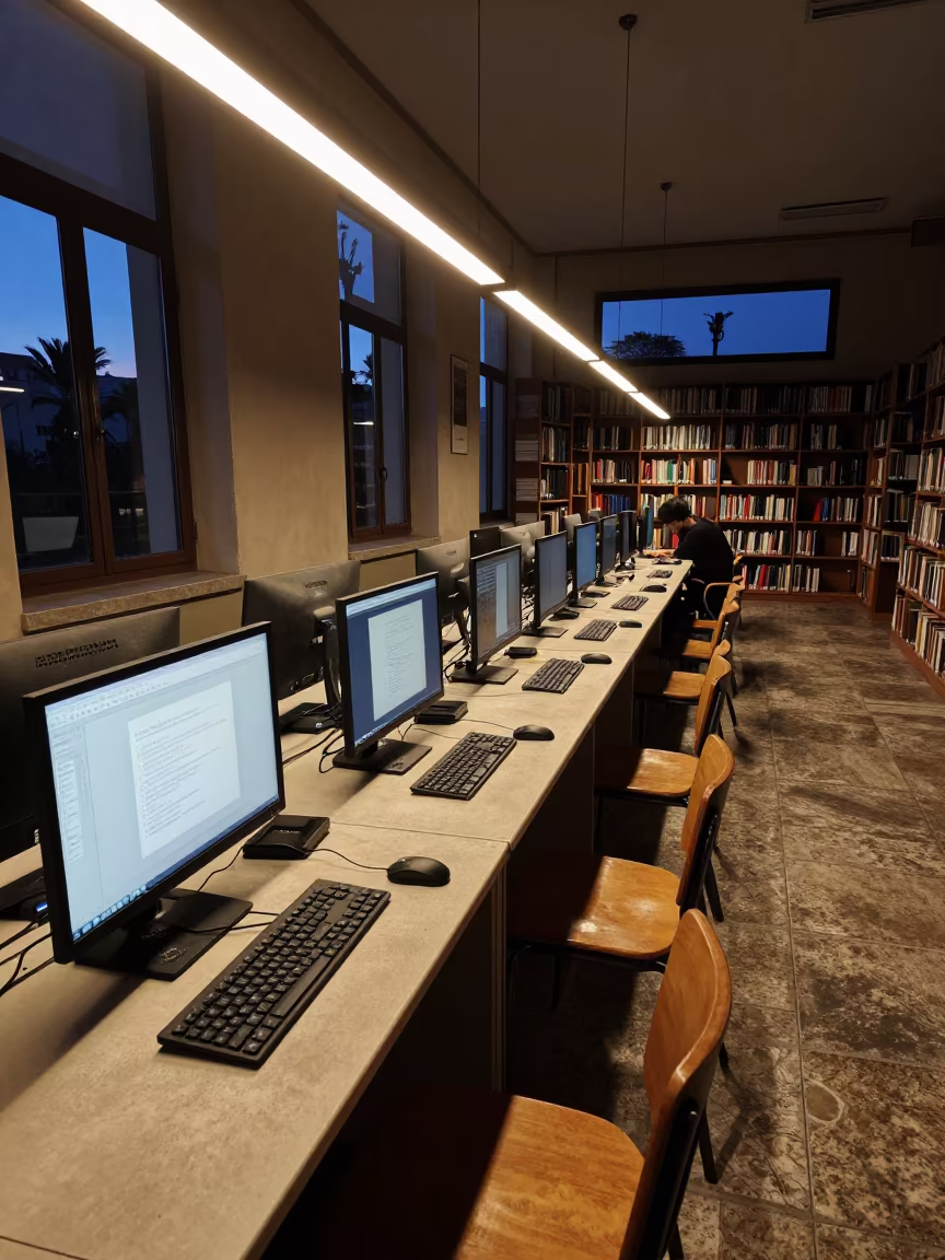 Twilight Computer Lab Cagliari Library Finals in inside a campus library reading room in Cagliari
