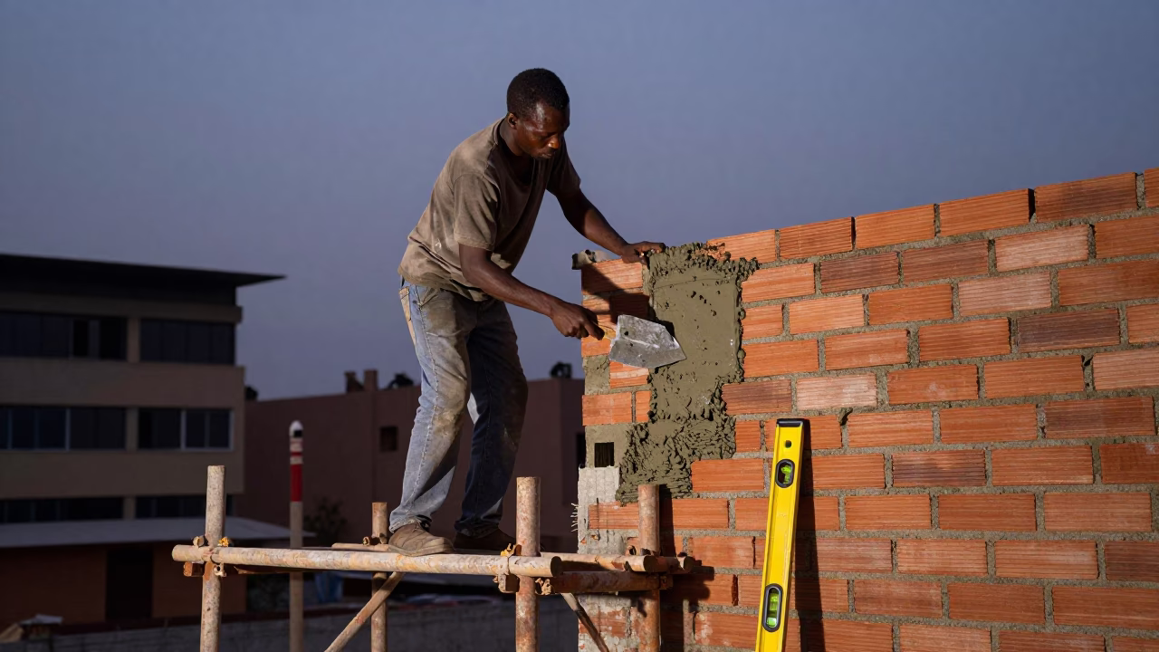 Twilight Construction Scene in Accra Ghana with Mason Tools and Urban Background in in Accra, Ghana