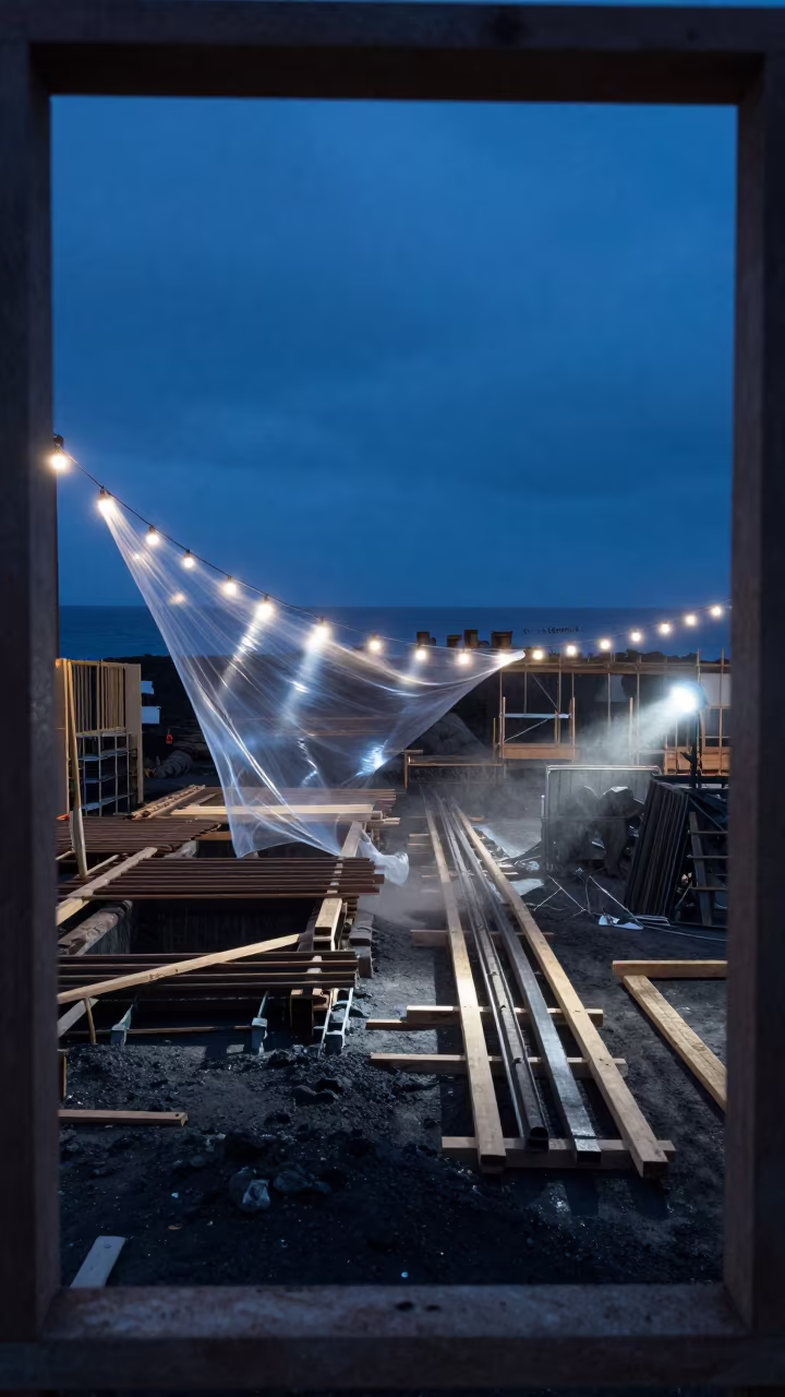 Twilight Construction Site Canary Islands Plastic Dust in inside a taped-off excavation edge in the Canary Islands