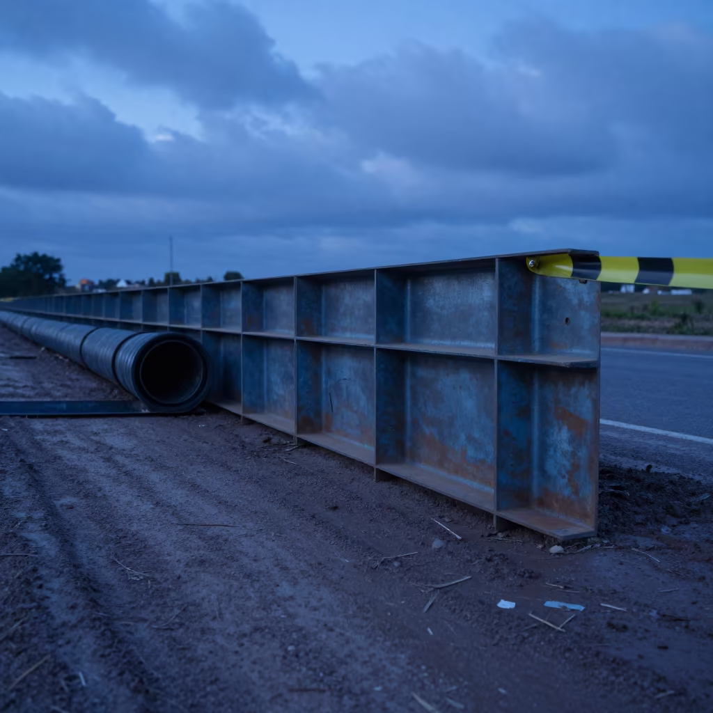 Twilight Construction Site Ezeiza Shoring Panel in at a muddy site access road in Ezeiza