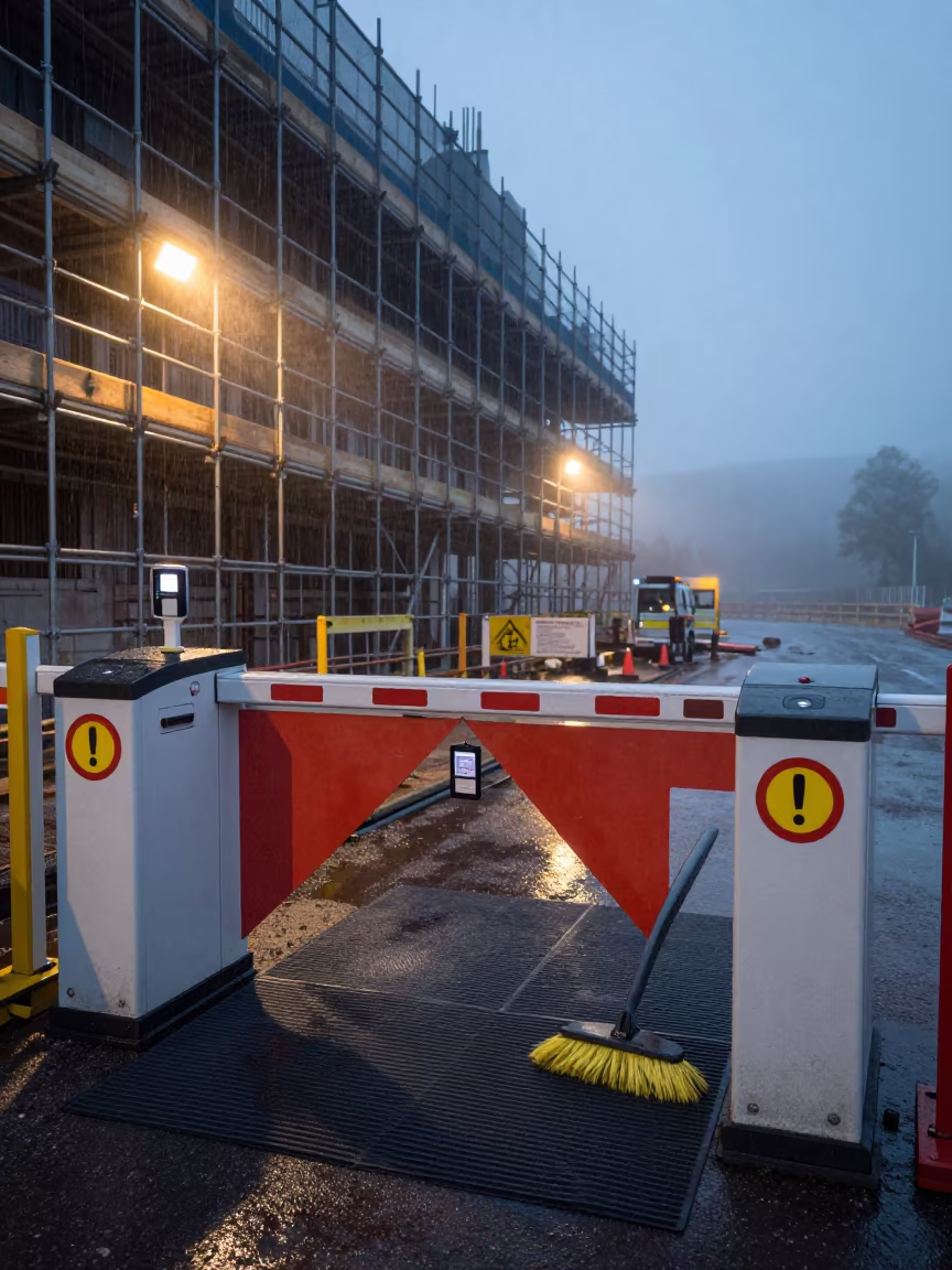 Twilight Construction Turnstile in Scottish Highlands Fog in along a scaffolded facade in the Scottish Highlands