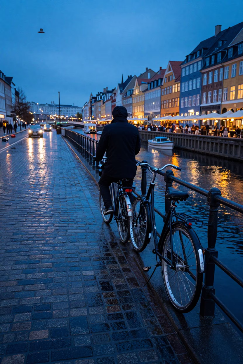 Twilight Copenhagen Street Scene with Bicycle and Fingerprinted Rail in in Copenhagen, Denmark