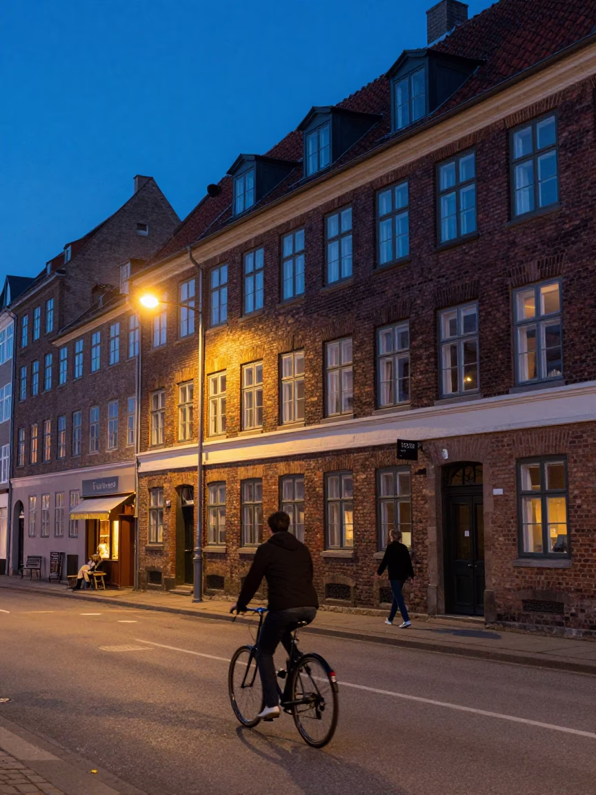 Twilight Copenhagen Street Scene with Cyclist and Traditional Facade in in Copenhagen, Denmark