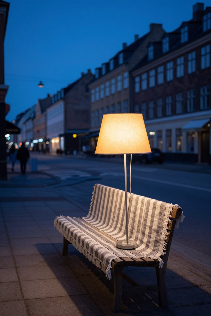 Twilight Copenhagen Street Scene with Lampshade and Striped Fabric on Vintage Bench in in Copenhagen, Denmark