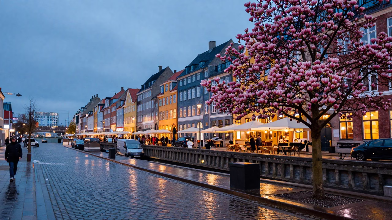 Twilight Copenhagen Street Scene with Magnolia Bloom and Vintage Bicycle Near Nyhavn in in Copenhagen, Denmark