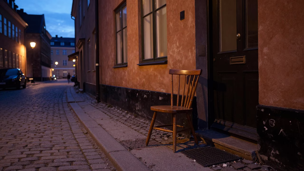 Twilight Copenhagen Street Scene with Spindle Chair and Vintage Motorcycle in in Copenhagen, Denmark