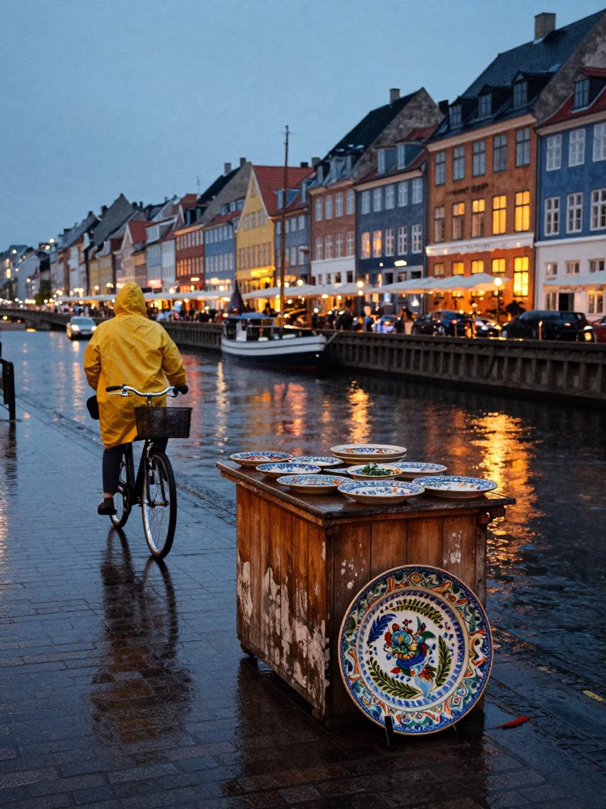 Twilight Copenhagen Street Scene with Vintage Majolica Plate and Harbor Drizzle Reflections in in Copenhagen, Denmark