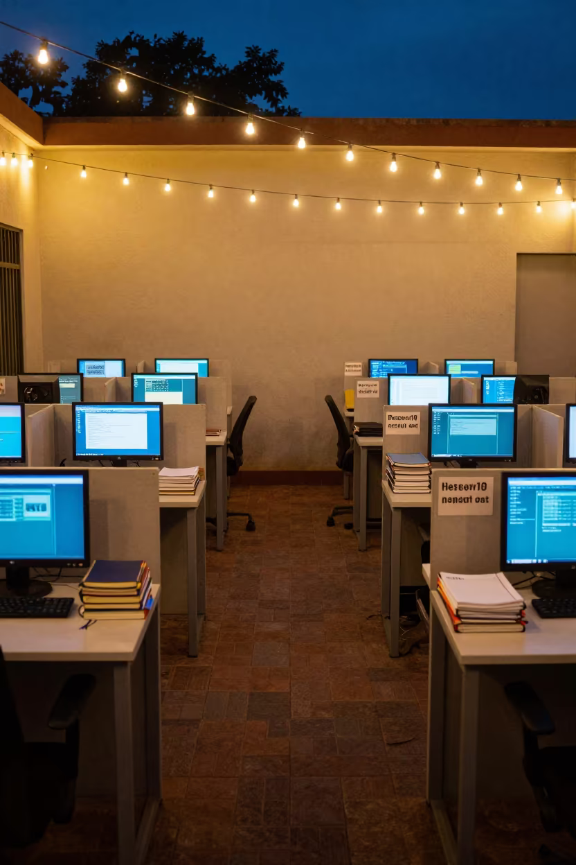 Twilight Coworking Bay in Koudougou Office in in an operations center under monitor glow in Koudougou