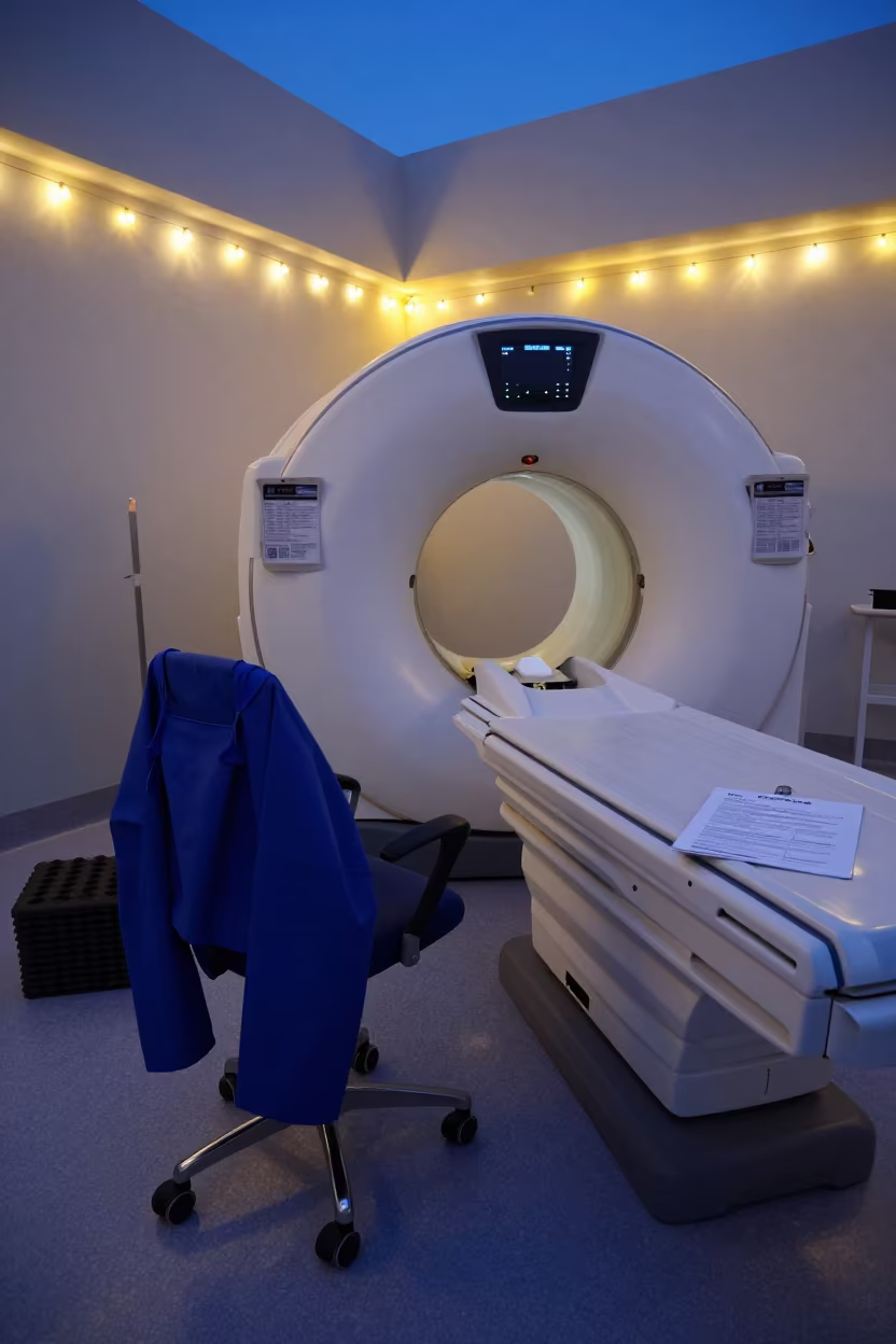 Twilight CT Scanner Room with Medical Prep in inside a hospital corridor near Lome