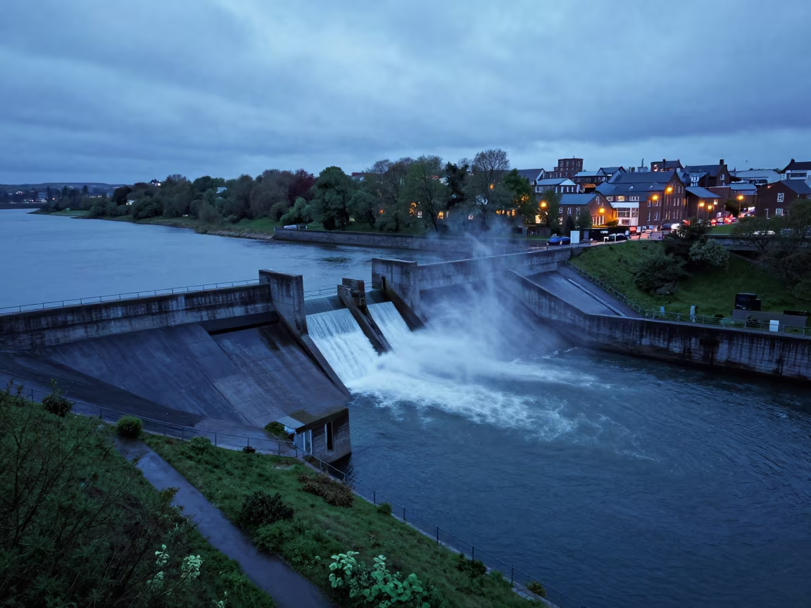 Twilight Dam Spillway Northern Ireland Aerial in above a spillway chute with spray rising in Northern Ireland