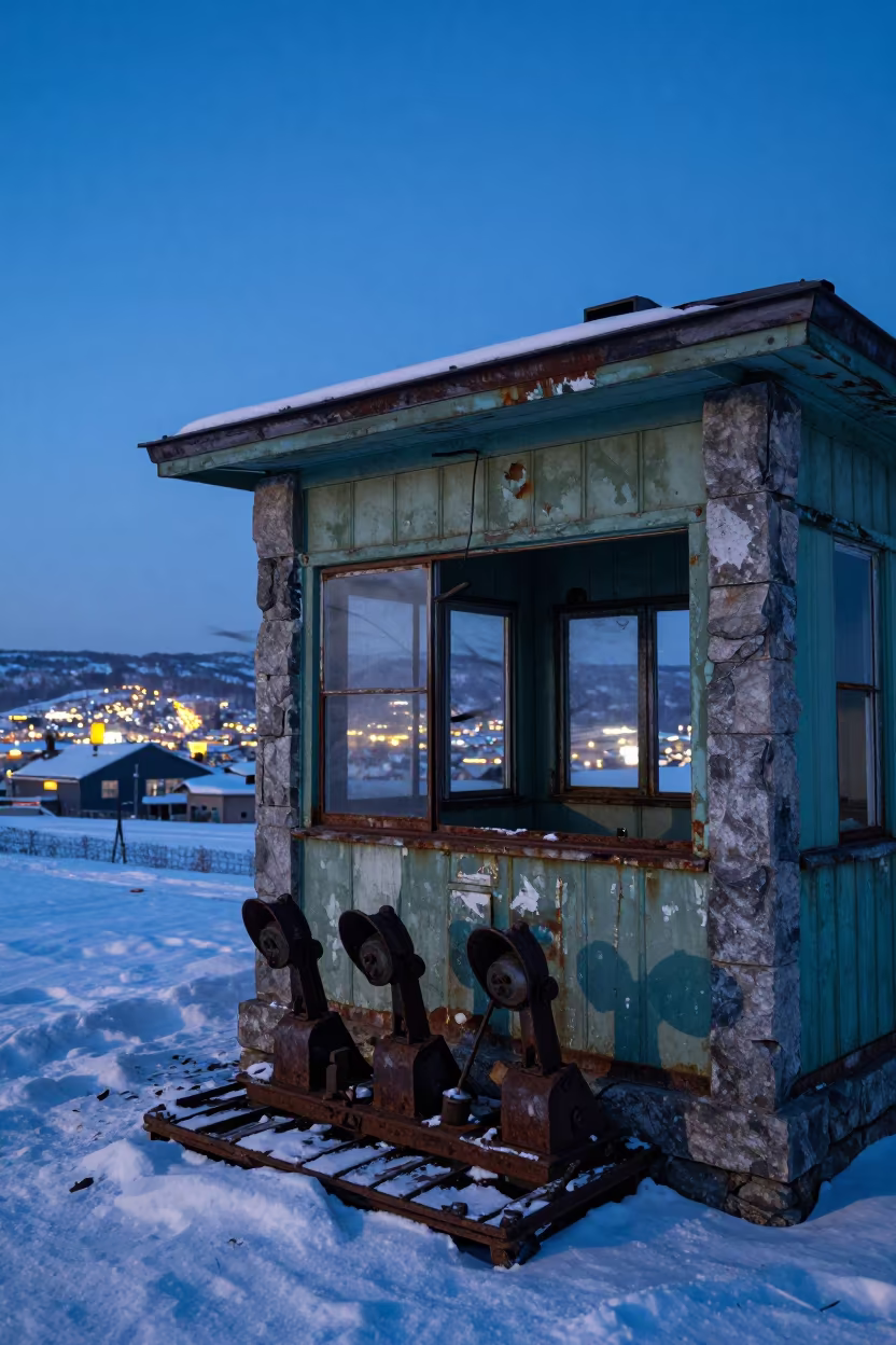 Twilight Derelict Railway Signal Box in Sapporo in beneath a broken stone arch near Sapporo