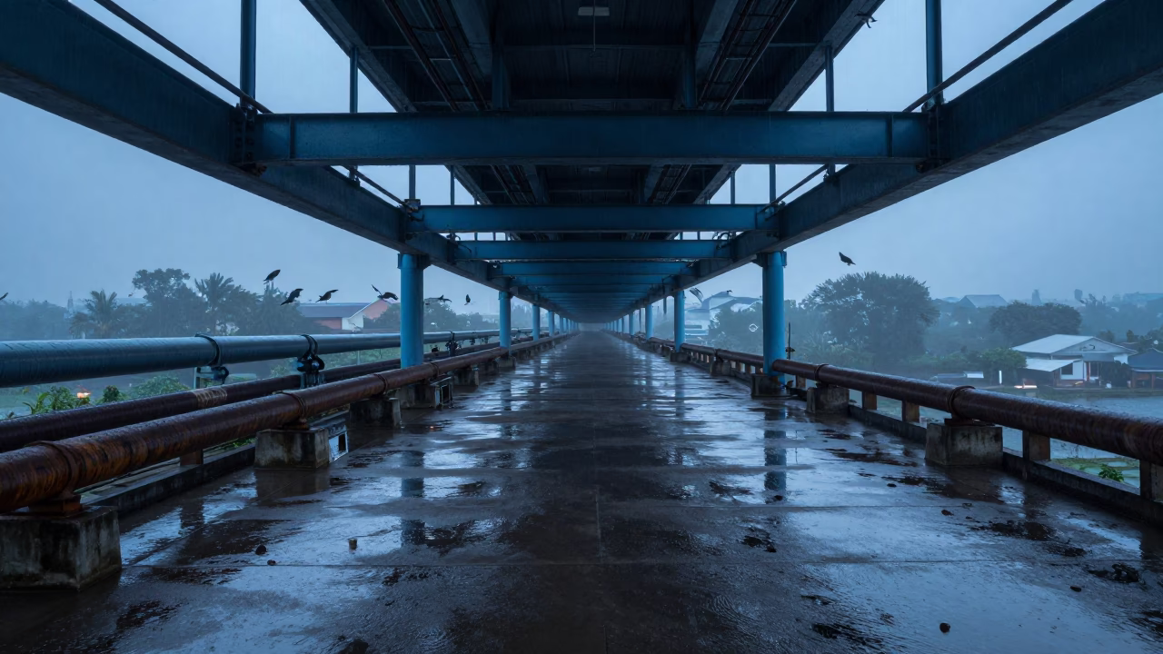 Twilight District Heating Corridor Under Bridge Vietnam in under a cable-stayed bridge span in Vietnam