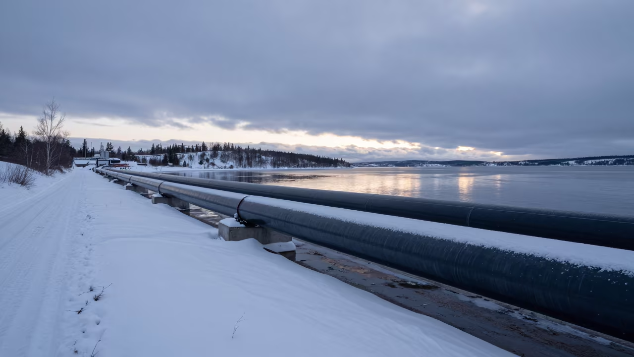 Twilight District Heating Pipes Along Finnish Dam Spillway in along a dam spillway in Finland