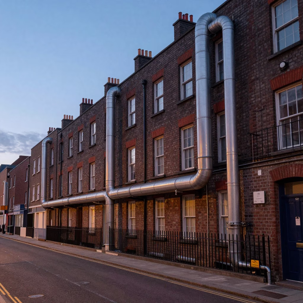 Twilight Dublin Street Scene with District Heating Pipes and Brushed Steel Bench in in Dublin, Ireland