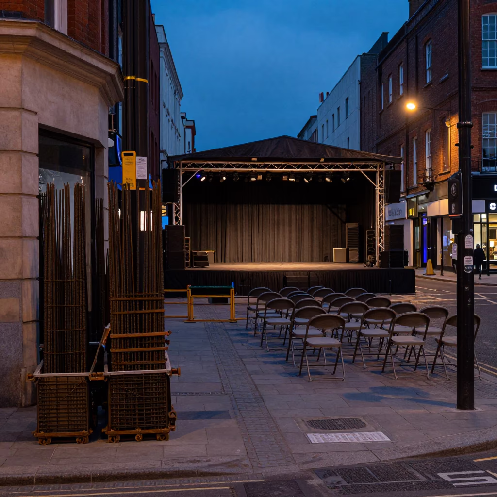Twilight Dublin Street Scene with Empty Folding Chairs and Construction Elements in in Dublin, Ireland