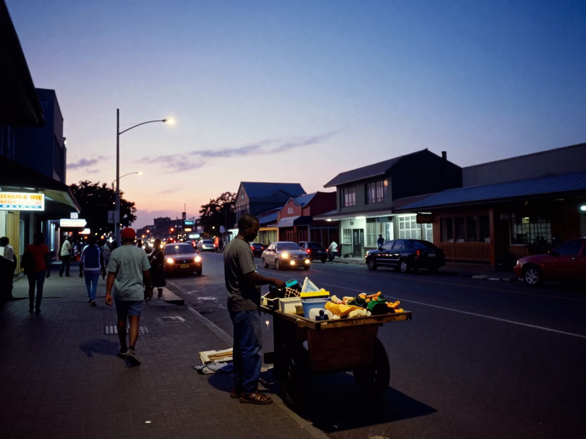 Twilight Durban Street Scene with Local Vendor and Pedestrians in South Africa in in Durban, South Africa