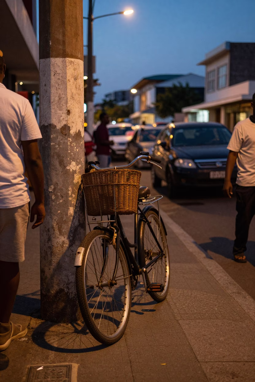 Twilight Durban Street Scene with Vintage Bicycle Basket and Local Market Activity in in Durban, South Africa